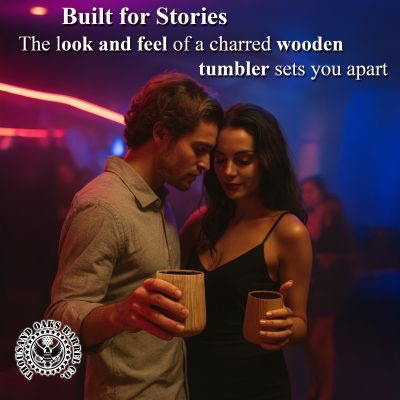 A young couple dancing closely in a nightclub while holding wooden whiskey tumblers, surrounded by colorful neon lights and a lively atmosphere.