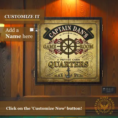 Custom Captain’s Quarters dartboard cabinet mounted on wood wall with personalized name option