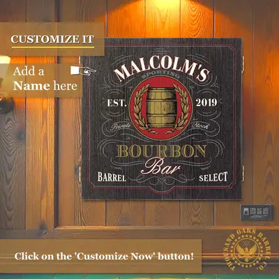 Custom Bourbon Bar dartboard cabinet mounted on a wood wall with option to add a personalized name, ideal for home bars, whiskey lounges, and man cave decor.