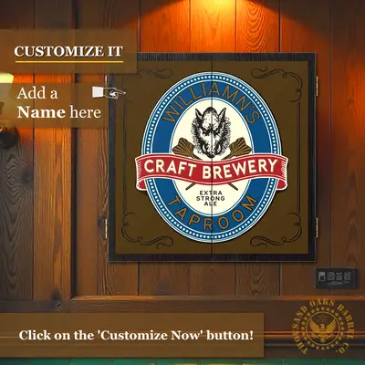 Personalized craft brewery dartboard cabinet with custom name design mounted on wood wall
