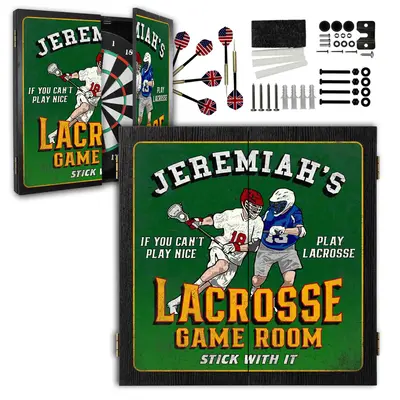 Personalized lacrosse dartboard cabinet open with dartboard, darts, and mounting hardware included.