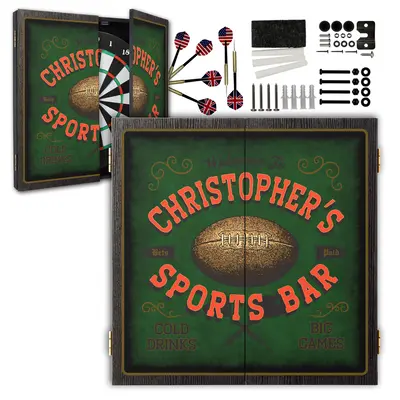 Custom name football dartboard cabinet set open with regulation dartboard, steel-tip darts, and mounting hardware included.