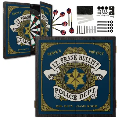 Personalized Police Department 16.75 inch dartboard cabinet set with doors open showing dartboard and included darts and mounting hardware.