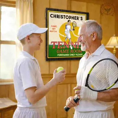 ather and son playing darts in game room with personalized tennis dartboard cabinet on wall