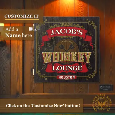 Personalized Whiskey Lounge dartboard cabinet with custom name printed on woodgrain doors mounted on wall.