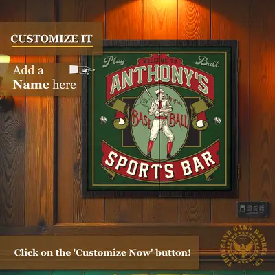 Wall mounted personalized baseball sports bar dartboard cabinet featuring custom name drop design on vintage style cabinet doors