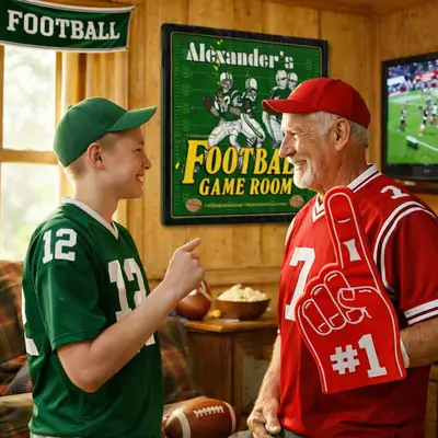Grandfather and grandson enjoying a personalized football dartboard cabinet in a family game room.