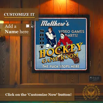 Personalized hockey game room dartboard cabinet mounted on wall with custom name design preview.