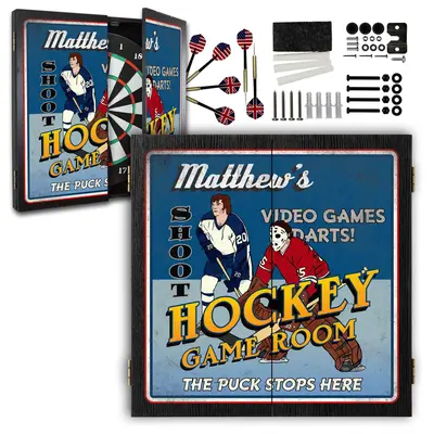 Personalized hockey dartboard cabinet open showing dartboard, darts, and mounting hardware included.