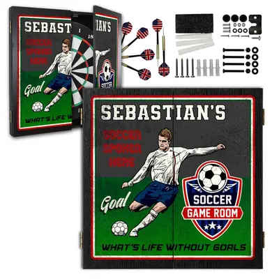 Personalized soccer dartboard cabinet set with custom name design, darts and mounting hardware included