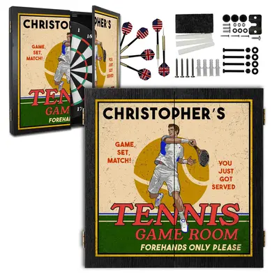 Personalized tennis dartboard cabinet set with custom name design including darts and mounting accessories