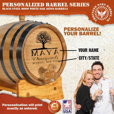 Custom engraved mini oak wine barrel with personalized name and city state vineyard design.