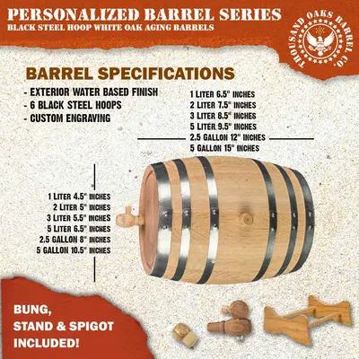 Size chart comparison chart of mini oak wine aging barrels from 1 liter to 5 gallon options.