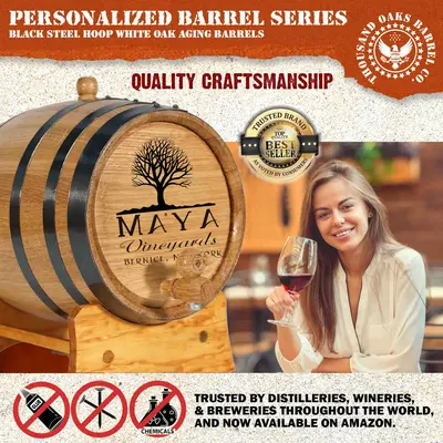 Small American white oak wine aging barrel showing wine being poured and highlighting 8x to 10x faster aging benefits.