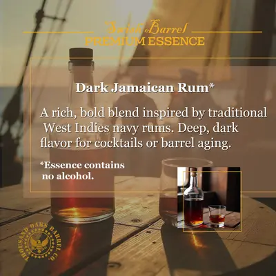 Instructions for making Dark Jamaican Rum at home by mixing 20ml essence with 750ml vodka to create bold Caribbean-style rum flavor.