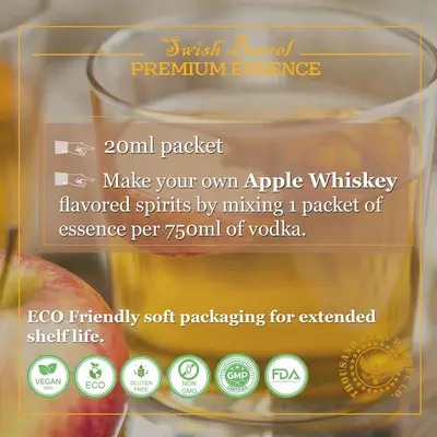 Apple Whiskey Essence 20ml – Experience premium apple bourbon flavor with our eco-friendly, soft-packaged essence. This product is proudly vegan, gluten-free, and non-GMO, offering a guilt-free and delicious way to create your own signature apple whiskey at home.