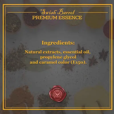 Whiskey Essence ingredients including natural extracts, essential oils, propylene glycol and caramel color E150.