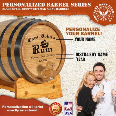Personalized mini oak barrel engraved with pirate rum design showing custom name, distillery and year for home whiskey aging.