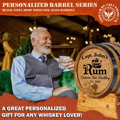 Custom pirate rum mini oak aging barrel displayed in luxury home bar setting with whiskey lover enjoying aged spirits.