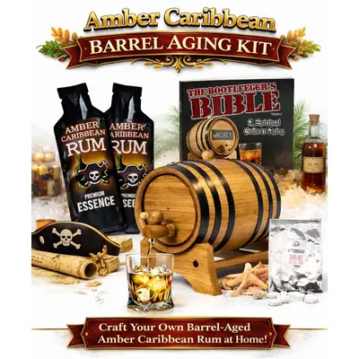 Caribbean rum aging barrel kit with oak barrel, amber rum essence packets, glass of rum, and Bootlegger’s Bible guide.