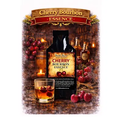 Cherry Bourbon Essence 20ml premium flavor concentrate with glass of cherry bourbon whiskey and fresh cherries.