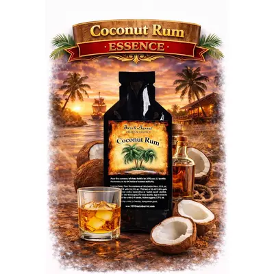 Coconut Rum Essence 20ml premium flavor concentrate with coconut halves and glass of tropical coconut rum.