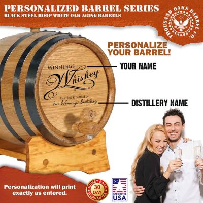 Custom engraved mini oak whiskey barrel personalized with name, distillery and established year design