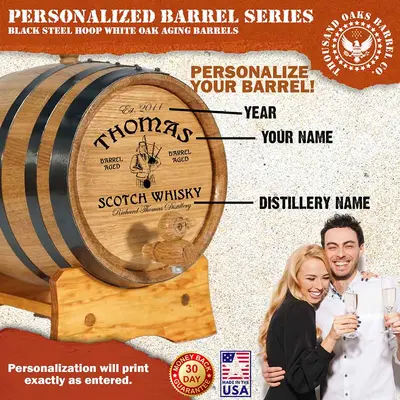 Personalized mini oak Scotch whisky barrel with custom engraved name, year, and distillery in traditional Scottish design.