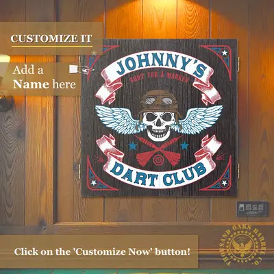 Custom skull dartboard cabinet with personalized name option mounted on wood wall, biker-style design perfect for man cave, garage bar, or game room decor.
