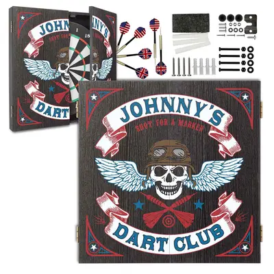 Personalized Johnny’s Dart Club skull dartboard cabinet set including bristle dartboard, flag-themed darts, and mounting hardware, ideal for man cave, game room, or home bar.