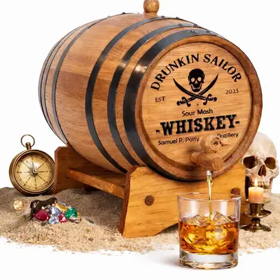 Drunkin Sailor personalized mini oak whiskey barrel with pirate theme decor including sand, treasure jewels and aged whiskey glass.