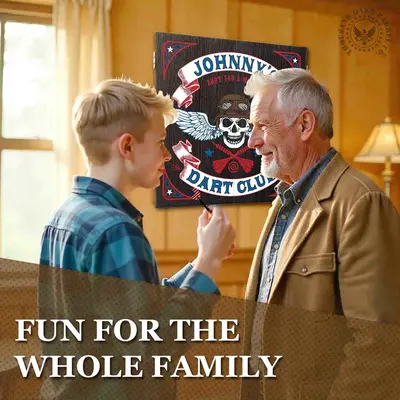 Grandfather and grandson playing darts in a game room featuring a personalized skull dartboard cabinet with custom name design, perfect for man cave or home entertainment space.