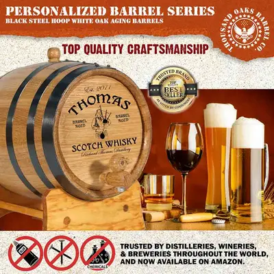 Handcrafted mini oak Scotch whisky aging barrel made from premium American white oak with black steel hoops.