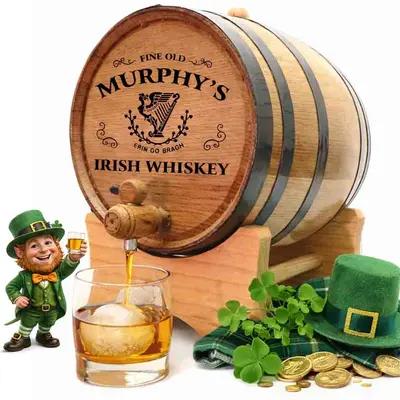 Personalized Irish whiskey mini oak aging barrel made from American white oak with black steel hoops and custom engraving