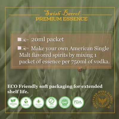 Instructions for mixing American Single Malt Essence with 750ml vodka or neutral alcohol to create homemade single malt whiskey.