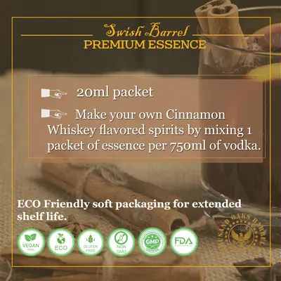 Instructions for mixing Cinnamon Whiskey Essence with 750ml vodka or neutral alcohol to create homemade cinnamon whiskey liqueur.