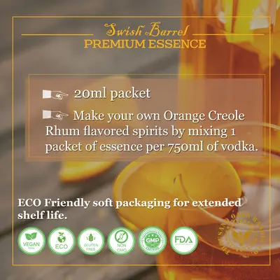 Instructions for mixing Creole Orange Rhum Essence with 750ml vodka or neutral alcohol to create homemade orange rhum liqueur.