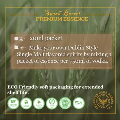 Instructions showing how to mix Single Malt Irish Whiskey Essence with 750ml vodka or neutral alcohol for homemade Irish whiskey.