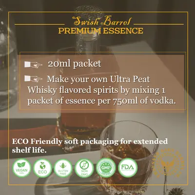 Instructions for mixing Ultra Peat Whisky Essence with 750ml vodka to create homemade peated Scotch-style whisky.