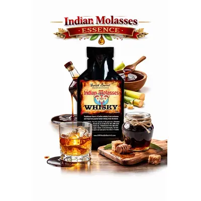 Indian Molasses Whisky Essence 20ml premium flavor concentrate with molasses syrup and glass of dark whisky on the rocks.
