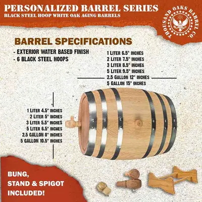 Mini oak aging barrel specifications showing stand, bung, spigot and black steel hoops