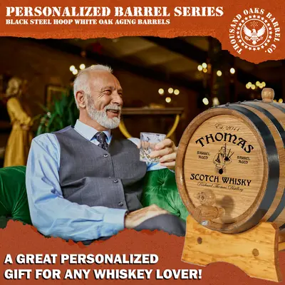 Personalized Scotch whisky aging barrel gift for men featuring engraved Scottish distillery design and home aging functionality.