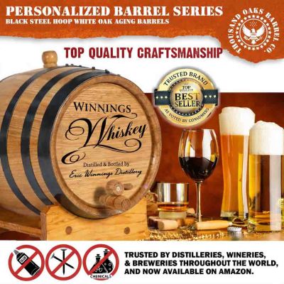 Handcrafted American white oak whiskey aging barrel with black steel hoops and premium wood finish