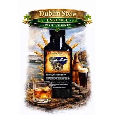 Single Malt Irish Whiskey Essence Dublin Style 20ml concentrate with malted barley and glass of Irish whiskey on the rocks.