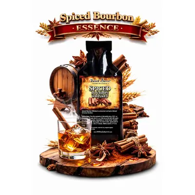 Spiced Bourbon Essence 20ml premium cinnamon spiced bourbon whiskey flavor concentrate with cinnamon sticks and glass of spiced bourbon.
