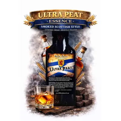 Ultra Peat Whisky Essence 20ml bottle with glass of smoky peated Scotch-style whisky and peat blocks.
