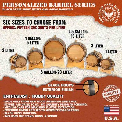Size comparison chart of mini oak aging barrels from 1 liter to 5 gallon