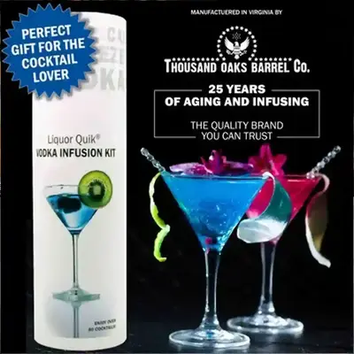 Liquor Quik Vodka Infusion Kit gift set with glass infuser bottle and premium packaging displayed with craft cocktails