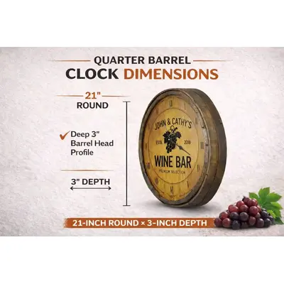21 Inch Quarter Barrel Clock Dimensions – Deep 3 Inch Barrel Head Profile Wine Barrel Clock