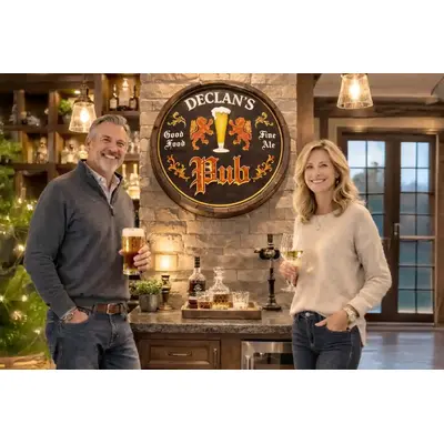 Close up detail of 3D relief elements on handcrafted quarter barrel sign